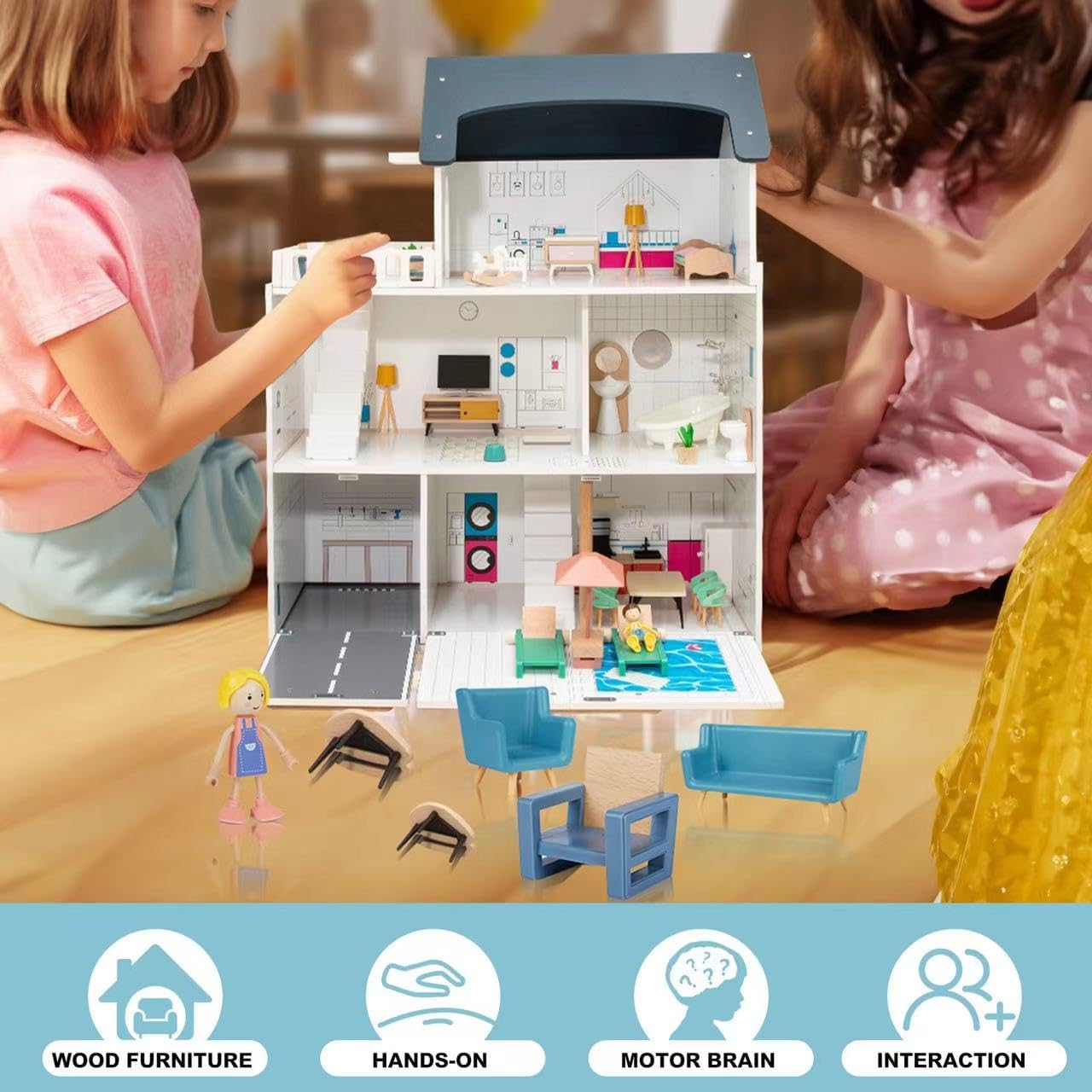 Smartwo 43PCS Wooden Dollhouse Furniture Set 6 Rooms with 5 Family Dolls,Wood and Plastic Dollhouse Accessories, in/Outdoor Scenes Pretend Play Toys Christmas Birthday Gift for Boys Girls & Kids 3Y+