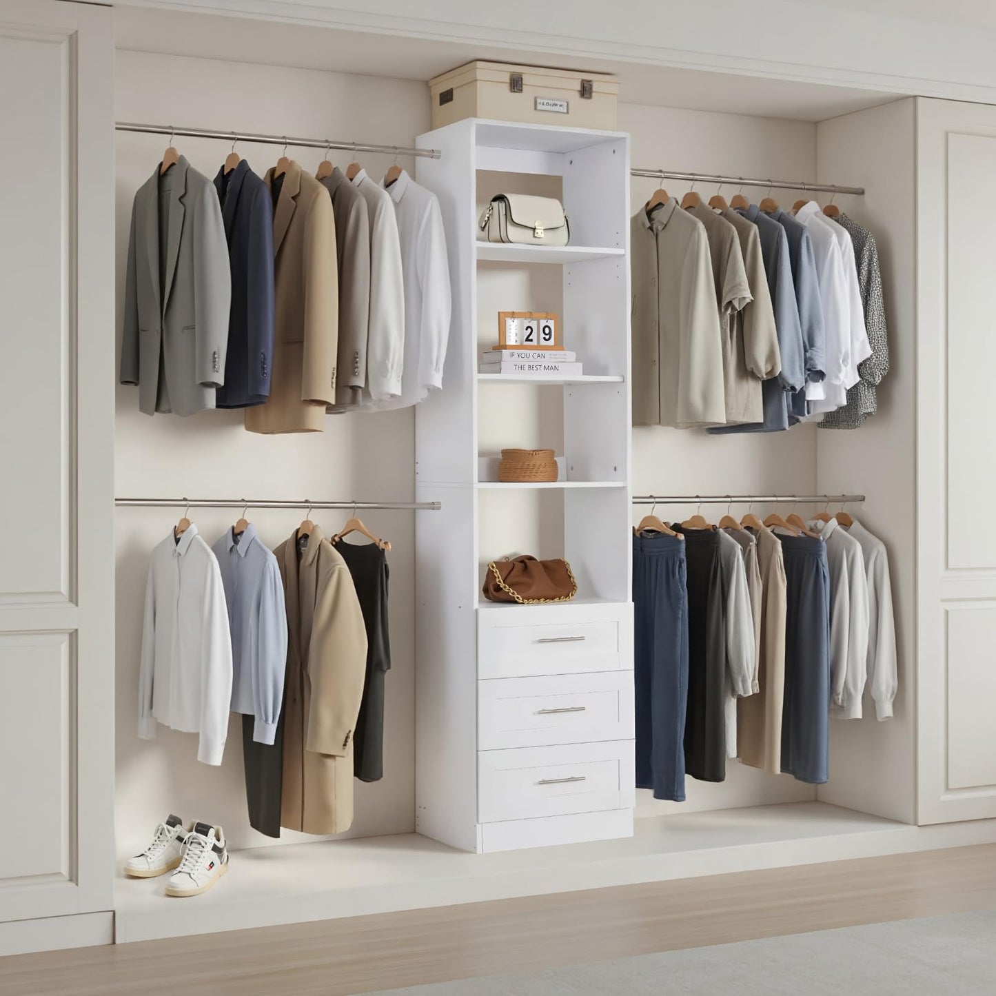 VEVOR Closet System with 3 Drawers, Adjustable Height Wooden Closet Organizers, Modern Walk-in Wardrobe Organization with 4 Retractable Clothes Hanger Rods, Freestanding Garment Rack Storage, White