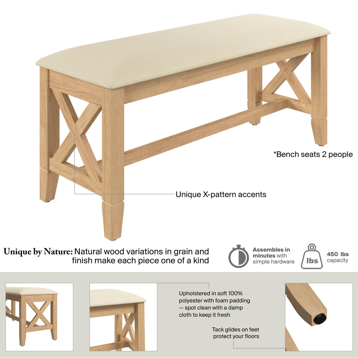 Bush Home 44-inch Upholstered Bedroom Bench, Bedroom Furniture, Key West Collection, Blonde Oak and Bright Beige Fabric