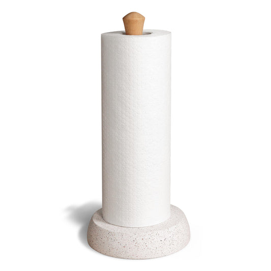BOSHARON Kitchen Paper Towel Holder, Free Standing Cement Base with Beech Wood Rod, Modern Countertop Dispenser for Bathroom & Kitchen