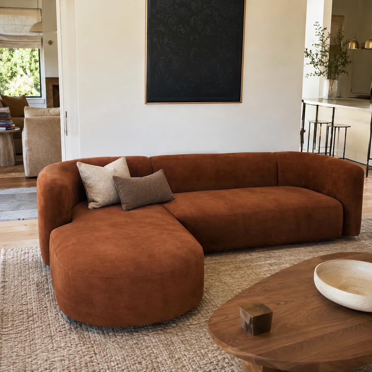 Acanva Luxury Modern Tight Curved Back Velvet Sofa, Minimalist Style Comfy Couch for Living Room Apartment, L-Shape Left Chaise, Tangerine