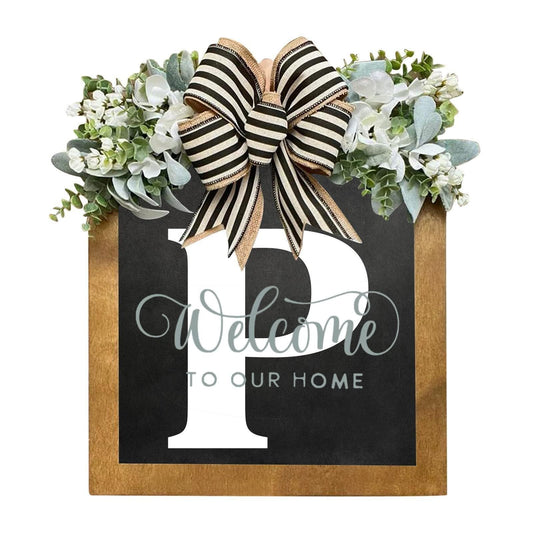 DiveDream Last Name Year Round Front Door Wreath, 26 Letter Farmhouse Wreath, Wooden Hanging Sign, Door Decoration, All Seasons Wreath, 30 cm x 30 cm (11.8 inches x 11.8 inches), Wood Color