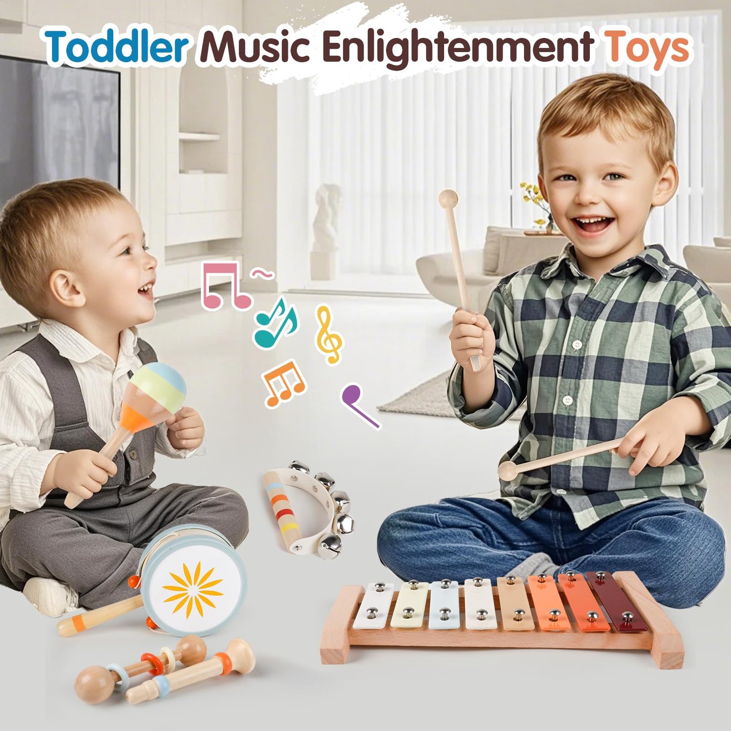 Wooden Toddler Musical Instruments Set, 9PCS Kids Montessori Toys, Baby Toys with Xylophone & Drum, Educational Gift for Ages 3 4 5 6Year Olds