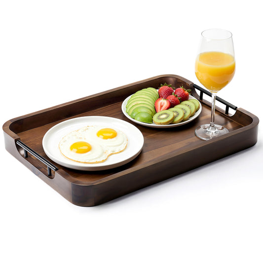 TIDITA Large Serving Tray with Handles - 20”x14” Rectangle Ottoman Tray, Wooden Tray for Ottoman, Wooden Ottoman Tray for Living Room - Decorative Trays for Coffee Table with Round Edge (Walnut color)