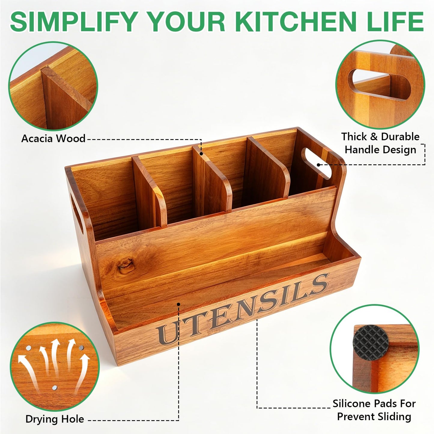 TREWAVE Wooden Utensil Holder for Kitchen Countertop, Large Acacia Wood Kitchen Utensil Organizer with 4 Compartments, Farmhouse Silverware Caddy for Spatula, Ladle & Cooking Tools