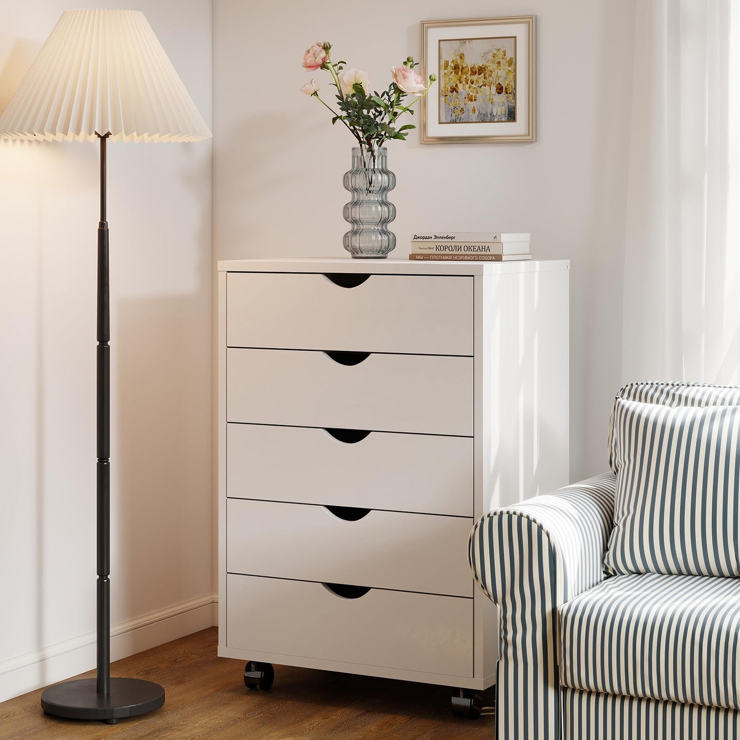 Sweetcrispy 5 Drawer Chest Mobile Storage Cabinets Small Wooden Dresser with Wheels Room Organization Furniture for Office Home, Rolling Vertical Organizer for Home Office, White Wood