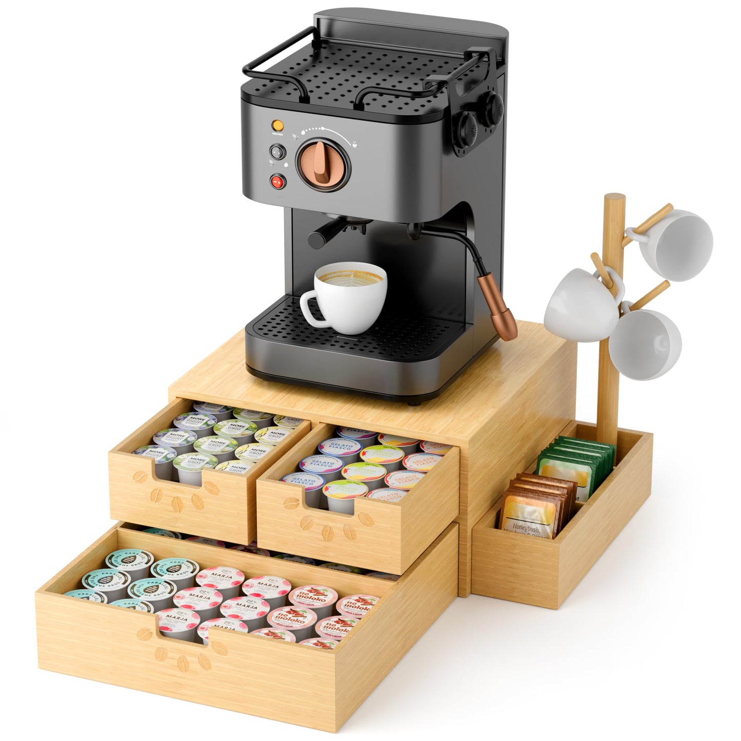 Coffee Pod Drawer, Wooden K Cup Holder with Tree Shape Mug Holder and Side Storage Box, 2-Tier K Pod Drawer Coffee Maker Machine Stand(80 Kcups+60 Tea Bags Capacity)