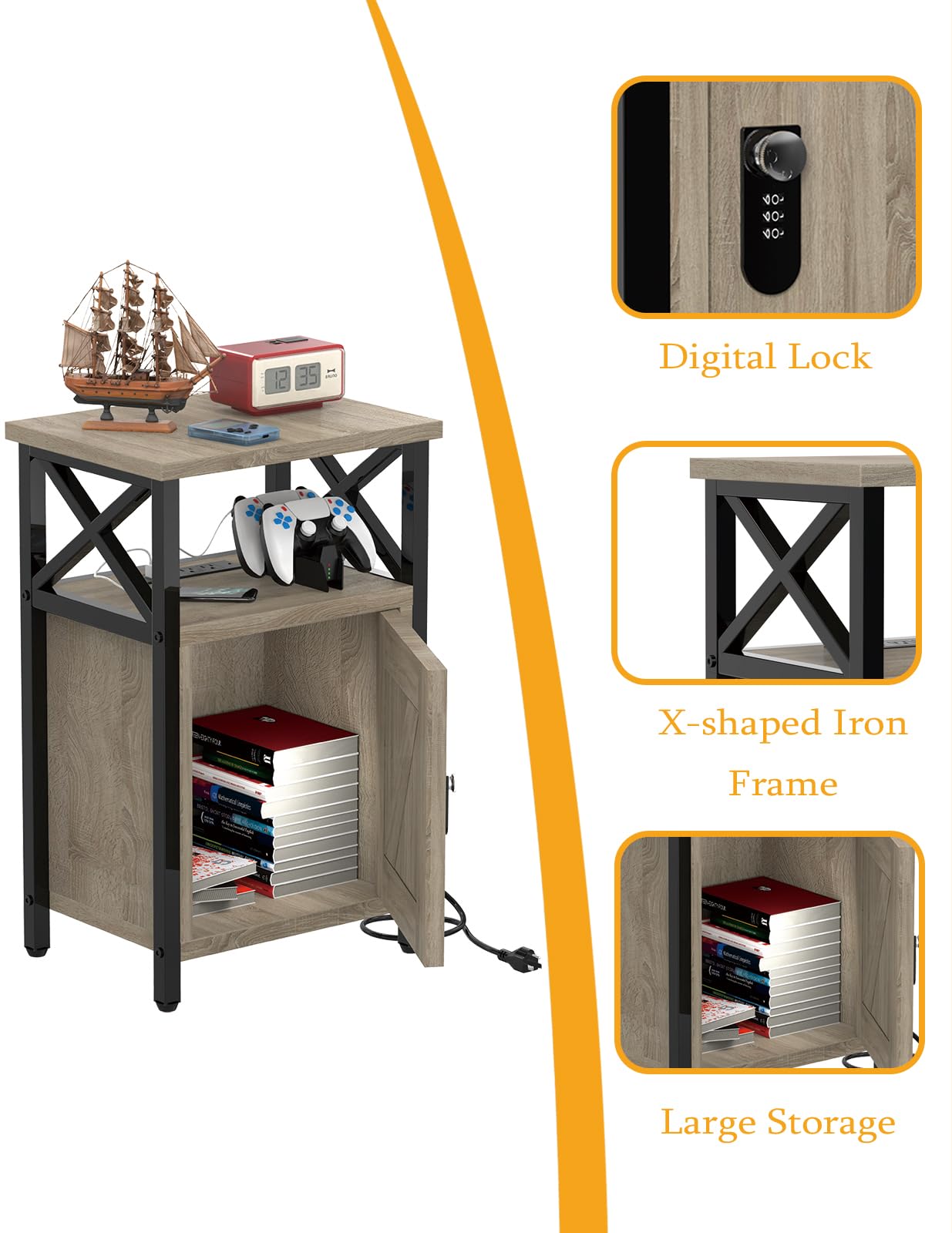 runjuly Wooden Nightstand with Lock, Bed Side Table with Drawers, Bedside Table with Charging Station, 3 USB & 2 Outlets, Night Stand with Cabinet, End Tables for Bedroom, Greige