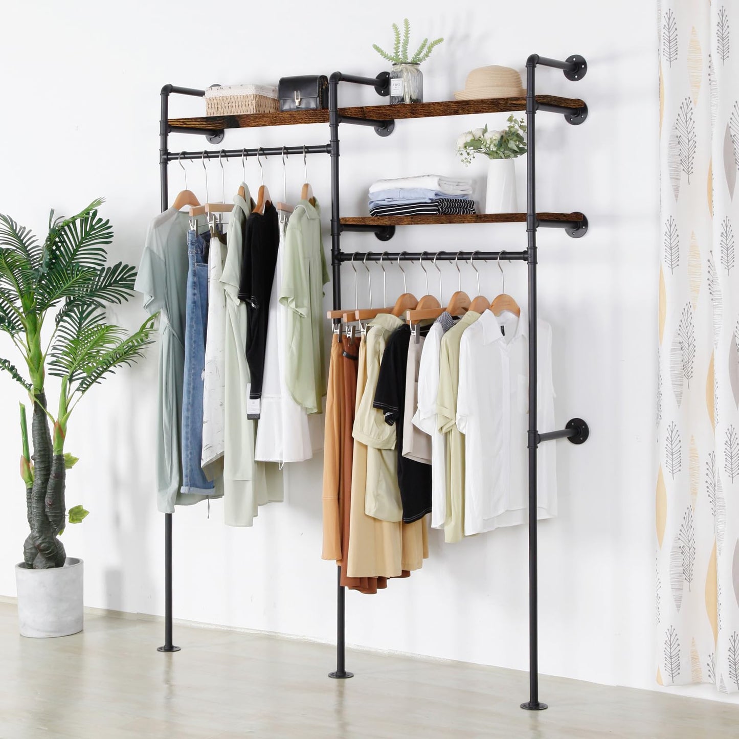 EDCB Industrial Pipe Clothing Rack - Black Wall Mounted Clothes Rack with 2 Hanging Rods & 2 Wooden Shelves, Closet Organizers and Storage for Retail Store, Bedroom (79.5 x 59in)