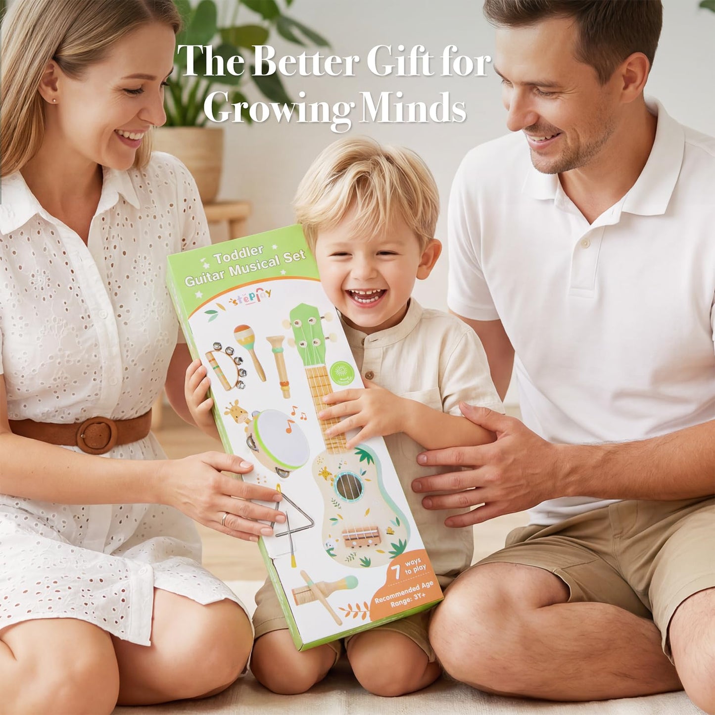 Toddler Guitar Set, 7-in-1 Wooden Baby Musical Instruments Band Includes 17" Ukulele, Maracas, Drum, Trumpet & More - Perfect Toy for Kids Ages 1-5, Ideal Gift for First Birthday Christmas