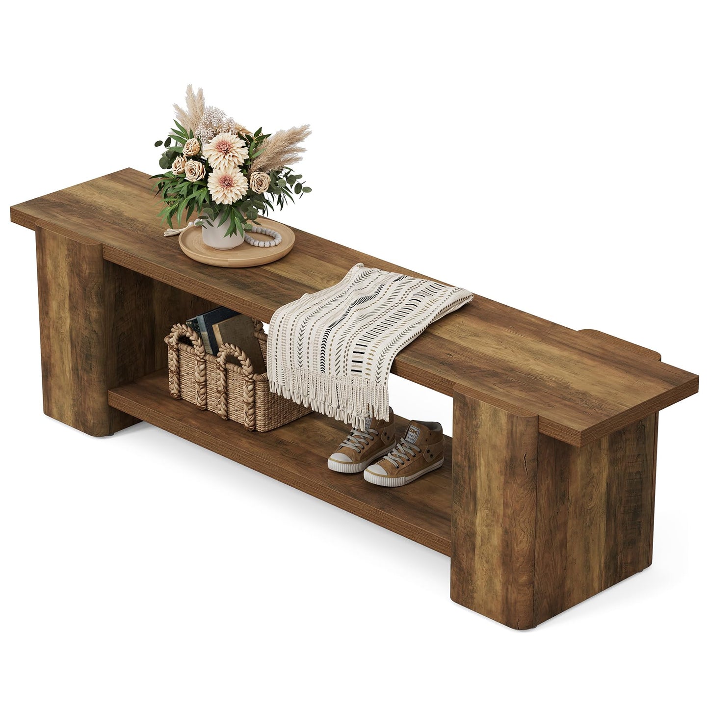LITTLE TREE Wood Entryway Bench, 63" End of Bed Bench with Storage Shelf, Farmhouse Extra Long Shoe Bench for Entryway, Dining Room, Hallway, Living Room, Bedroom, Double-Reinforced Legs, Brown