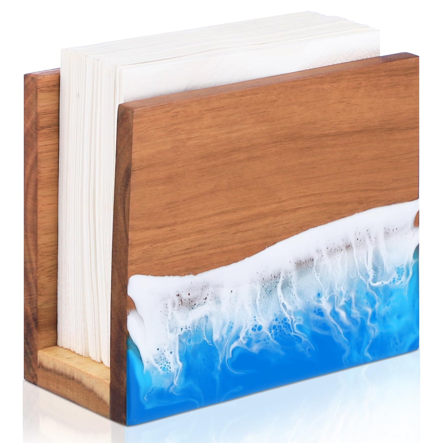 Hushee Acacia Wood Ocean Napkin Holder Resin Sea Wave Pattern Handcrafted, Wooden Rustic Farmhouse Standing Napkin Dispenser for Kitchen Dining Room Party Cocktail Outdoor Summer Use, 6" x 5.2" x 2.8"