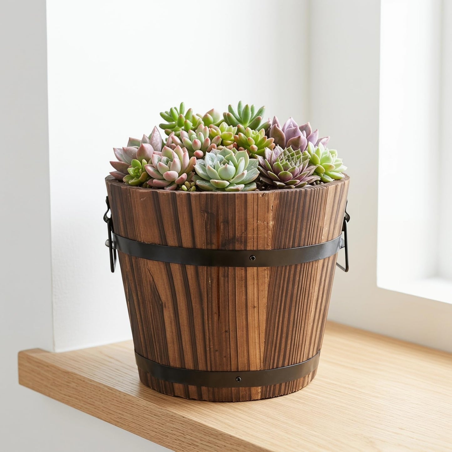 DOITOOL Rustic Wooden Barrel Planter: Wood Whiskey Barrel Bucket Flower Pots Indoor Outdoor Plants Boxes Container for Home Garden Patio Backyard - 7.08 x 5.9 x 5.1 inches (Large)