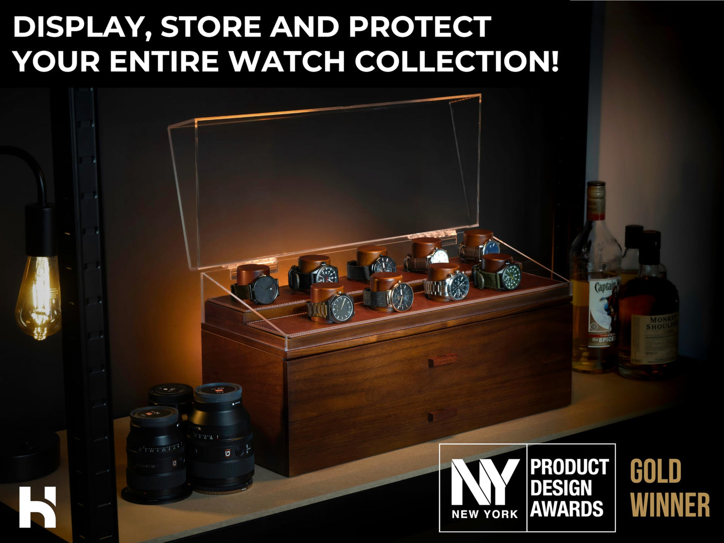 Premium 17 Slot Watch Box for Men - Extra Large Wooden Watch Display Case with Hinged Cover, Leather Lining & 2 Drawers - Watch Holder Organizer Stand - Handcrafted Luxury Father's Day Present for Men