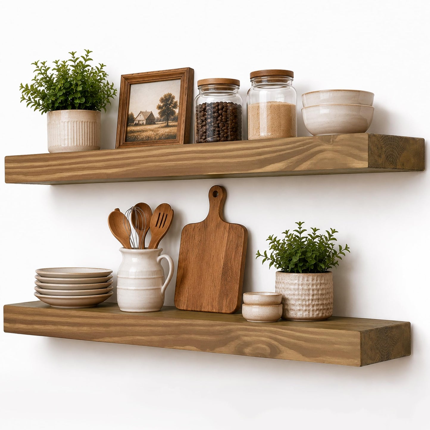 BANFFLOW 30 Inch Rustic Wood Floating Shelves for Wall, 8.66 Inch Deep Solid Wood Wall Shelf with Heavy Duty Hidden Bracket, Golden Oak, 30 × 8.66 × 2.28, for Living Room Bathroom Bedroom, Set of 2