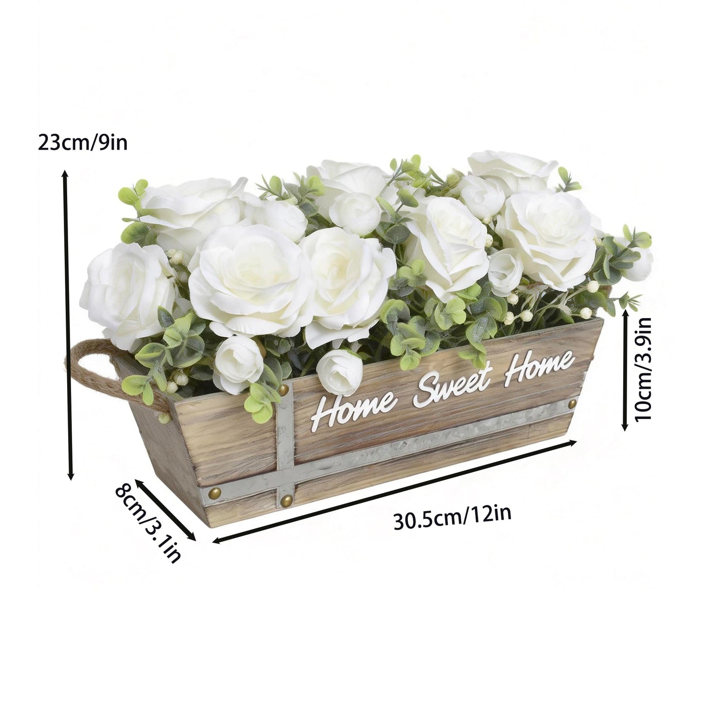 ANMAYNICE Artificial Rose Flower Arrangement with Eucalyptus in Wooden Planter, Faux Flowers Farmhouse Table Centerpiece, “Home Sweet Home” Rustic Home Décor, White