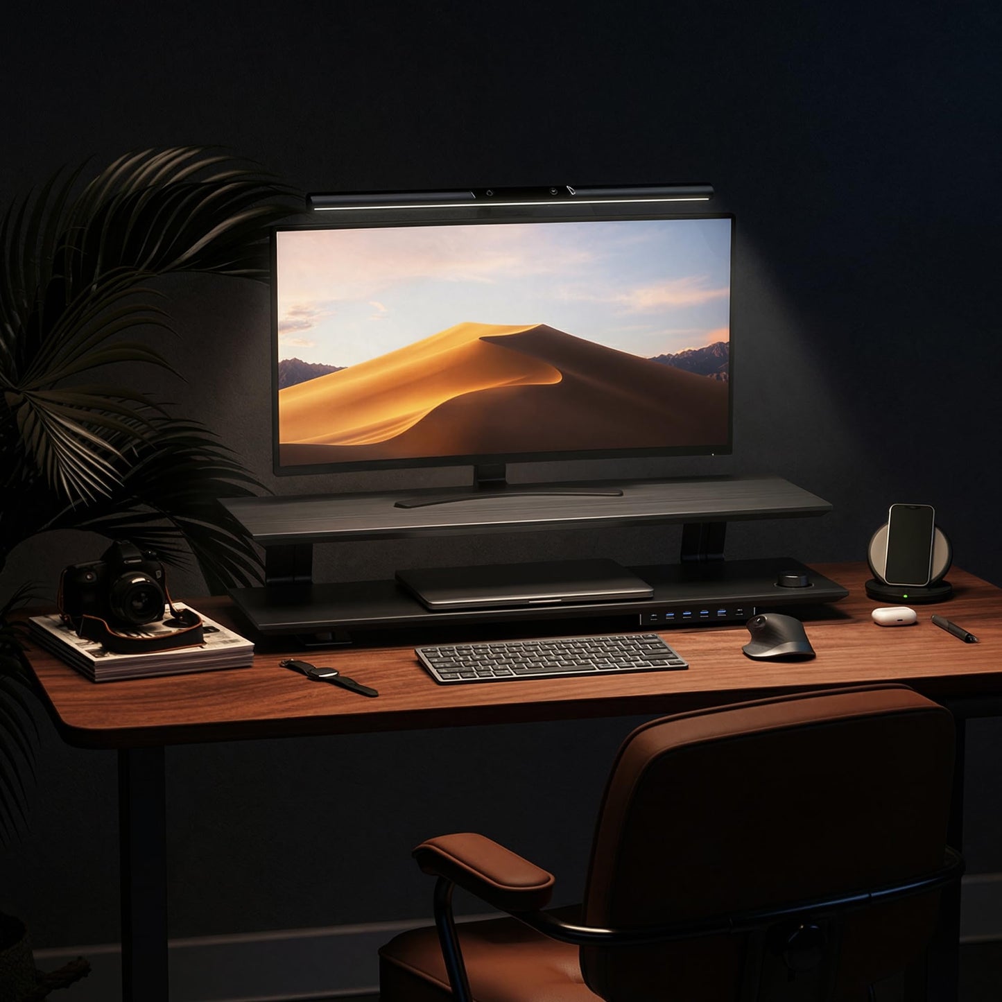 Furnny 2-Tier Dual Monitor Riser with 6-Port Hub – 39.4" Extra Wide Solid Wood Plywood Desk Stand for Dual Monitors, 30w Fast Charging USB C/A Ports, Heavy Duty Desk Organizer, Black Wood Grain Finish