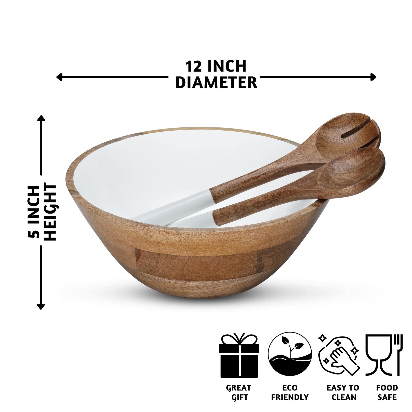 Folkulture Salad Bowls or Wooden Bowls with Salad Servers, Large Serving Bowl or Fruit Bowl, Wooden Salad Bowl Set for Mixing or Tossing, 12" D x 5" H, Mango Wood, White