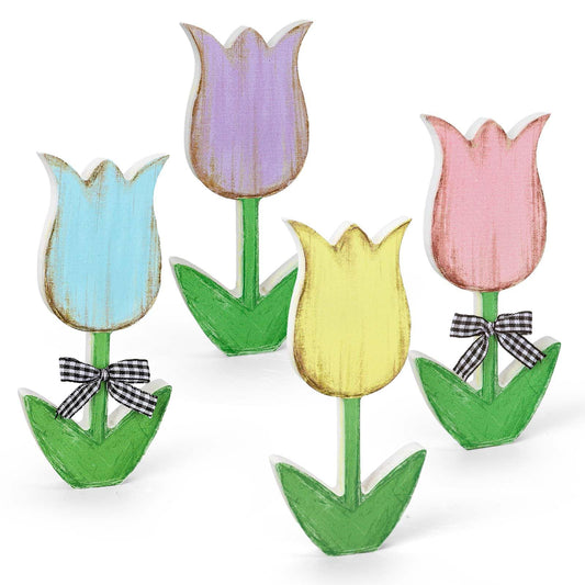 JarThenaAMCS 4Pcs Retro Spring Tulip Flower Wooden Table Signs Colorful Floral Rustic Farmhouse Tiered Tray Decor with Plaid Ribbon Vintage Tabletop Centerpiece for Home Office Mantel Fireplace Party