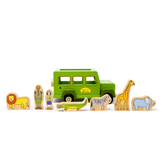 Jack Rabbit Creations 8-Piece Magnetic Safari Truck Playset – FSC Wood, Non-Toxic – Lion, Giraffe, Elephant, Zebra & Alligator – Motor Skills Toddler Toy, Ages 18 Months+