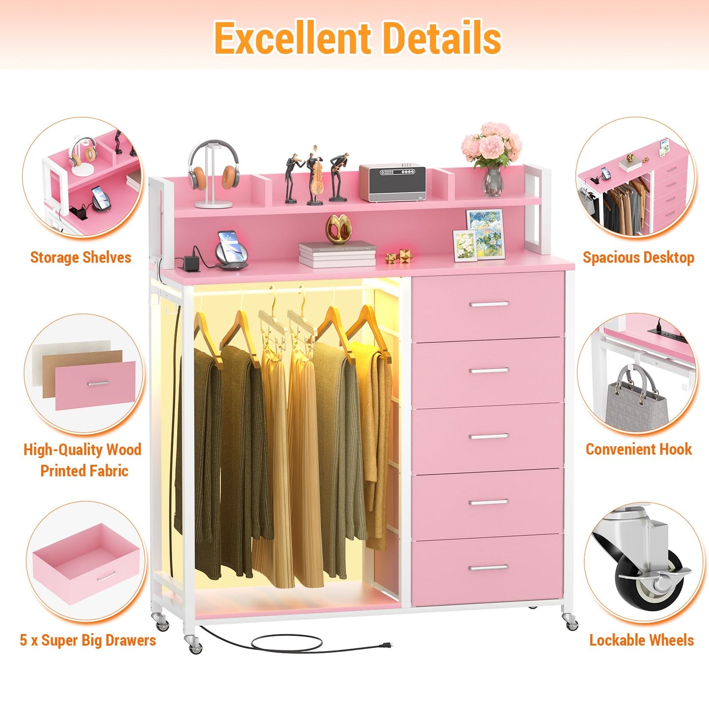 Cyclysio Clothes Rack with 5 Drawers and Shelf, Garment Rack with Charging Station & LED Lights, Fabric Chest Shelves Clothing Hanging Rack, Wooden Portable Wardrobe Closet