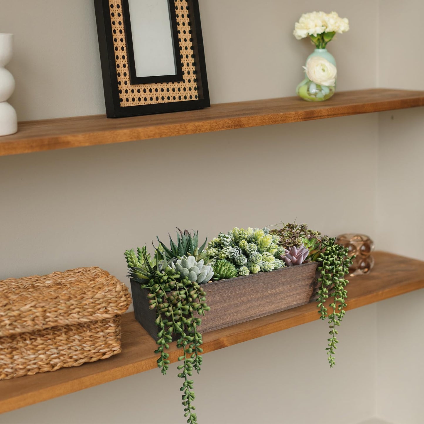 Winlyn Artificial Succulent Arrangement 15" Assorted Succulents Plants in Brown Rectangular Wooden Box Faux Potted Succulents Plant for Farmhouse Home Table Centerpiece Mantel Shelf Kitchen Décor