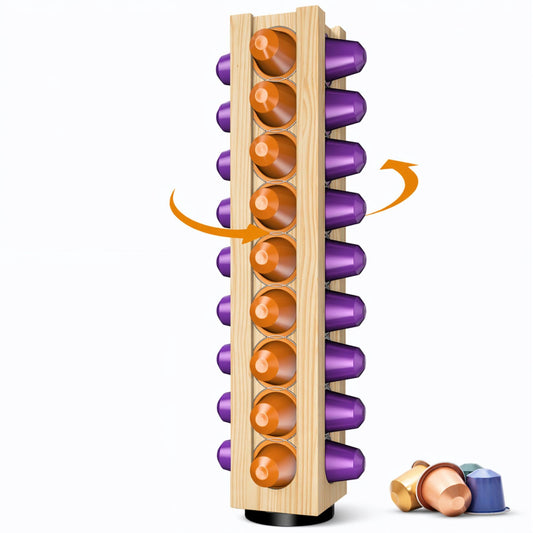 VOMELON Wooden Coffee Pod Holder Compatible with Nespresso Original Pods,Rotating Vertical Carousel Pod Holder Coffee Station Countertop Organizer Storage Rack for 36 Pods