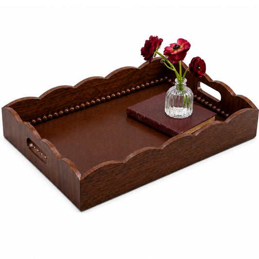 Tiangrid Wood Decorative Tray with Scalloped Edge Beads Trim Handle, 15" x 11" Wooden Serving Tray with Walnut Colored, Scalloped Trays for Bathroom Coffee Table Kitchen Living Room Bedroom Decor