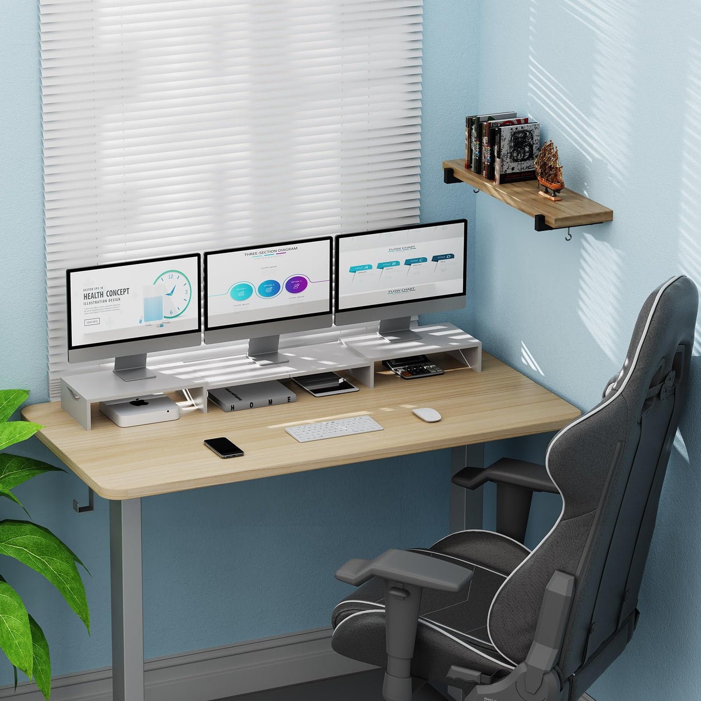 ErgoFocus Triple Monitor Stand Riser, Extra Long Monitor Lift for 3 Monitors, Dual Monitor Stand with Length and Angle Adjustable