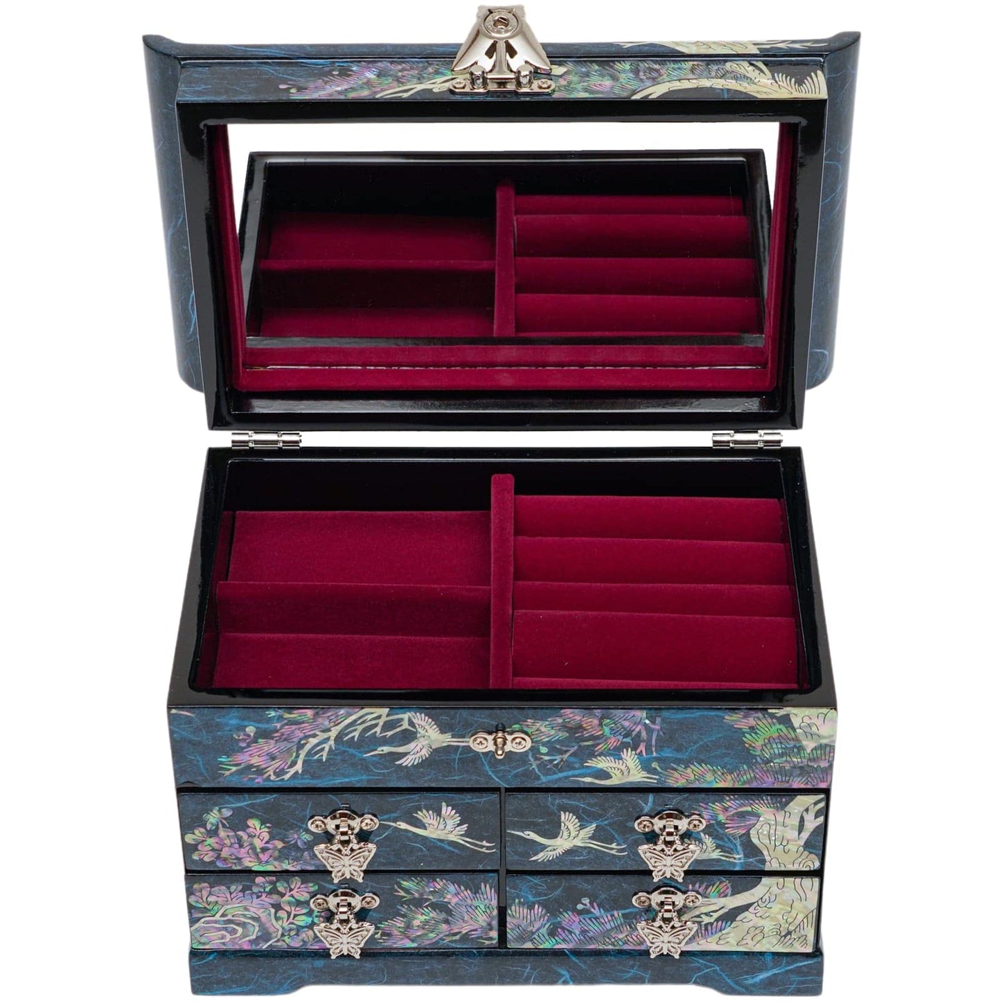 February Mountain Mother of Pearl Wooden Jewelry Organizer Box – Jewelry Storage Box for Women, Features Spacious Drawers, Ideal for Rings, Bracelets, Watches, Chains, Accessories (Crane_Blue)