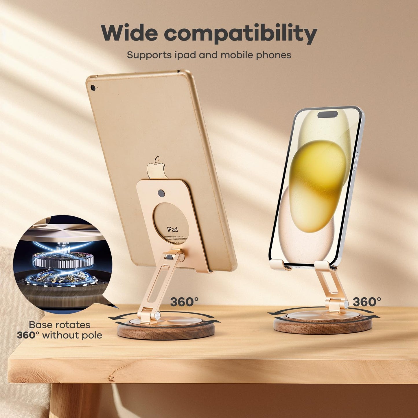 blingwider Dual Folding Phone Desk Stand,Adjustable Phone Stand,Phone Stand for Desk,Foldable Wood Phone Holder,Beside Phone Holder,Wood,Rose Gold