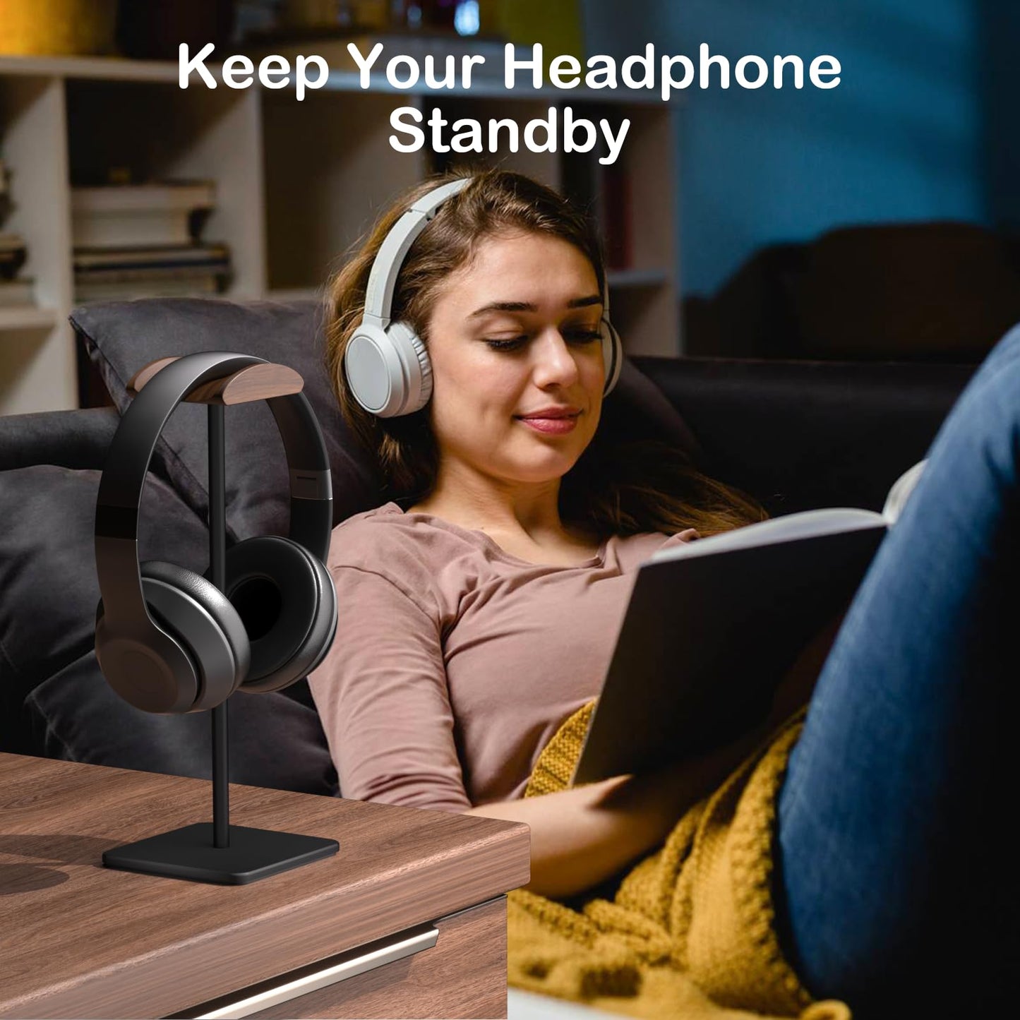 Ahonnpely Headphone Stand for Desk - Headset Stand with Aluminum Hanger and Wooden Support, Headphone Holder for AirPods Max, Sony, Bose, Beats and More (Black)