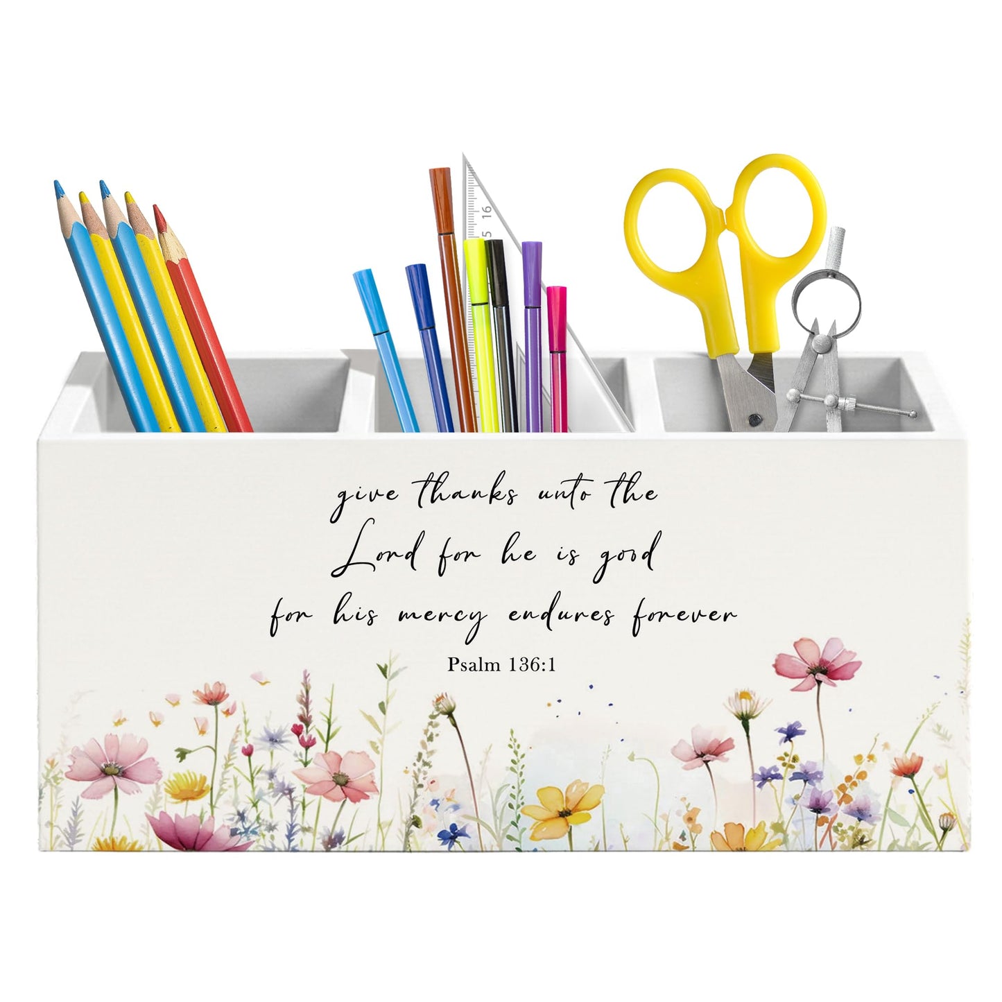 QEJ Wildflower Bible Verse Pen Holder for Desk, Christian Gifts for Women, Give thanks to the Lord Christian Wooden Box Pencil Pen Organizer for Home Office Desk Tabletop