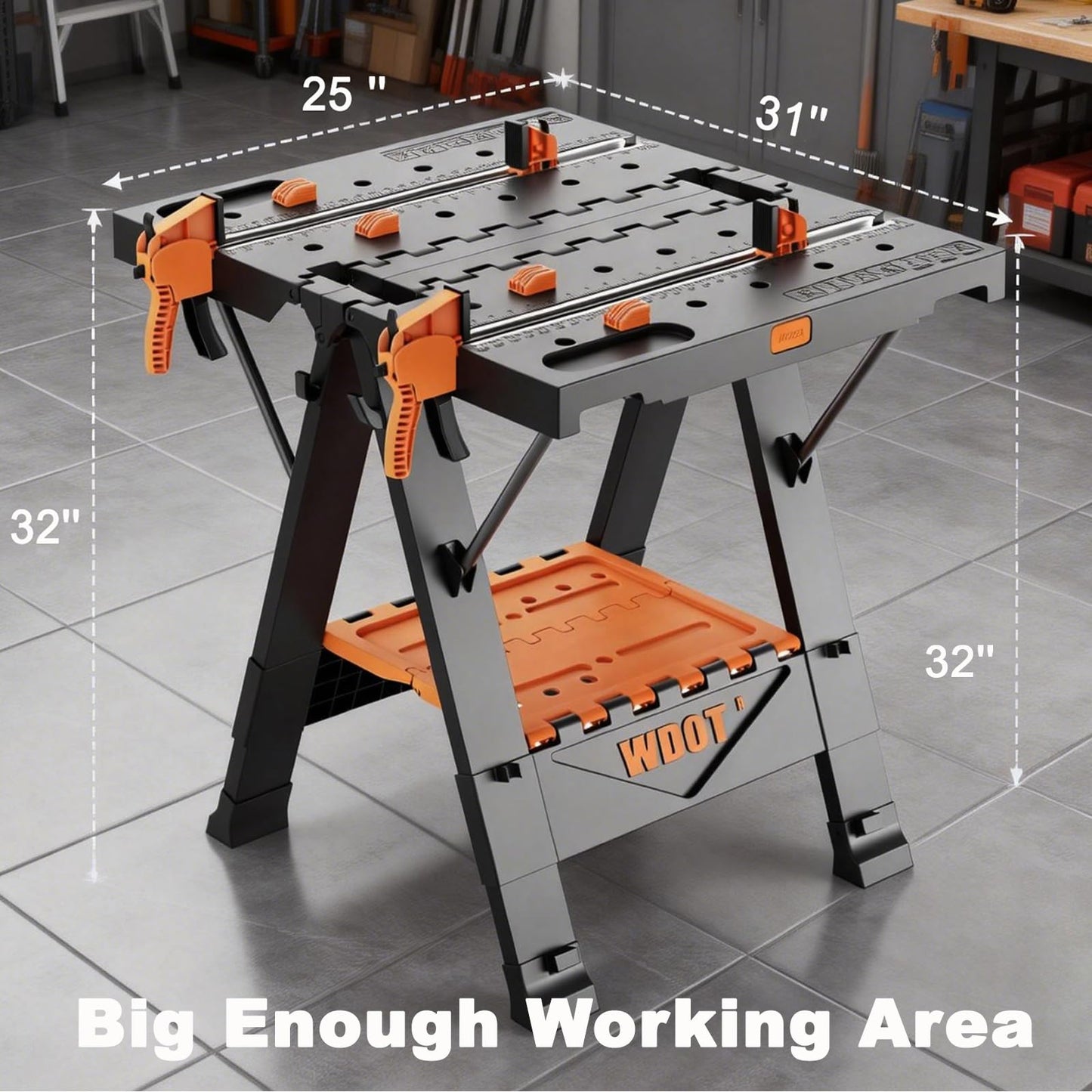 WDOT Work Bench Table 2 in 1 Portable Folding Workbench for Garage Sawhorse 500lbs Mobile Work Table 31" W x 25" D x 32" H with 2 Clamps & 6 Bench Dogs