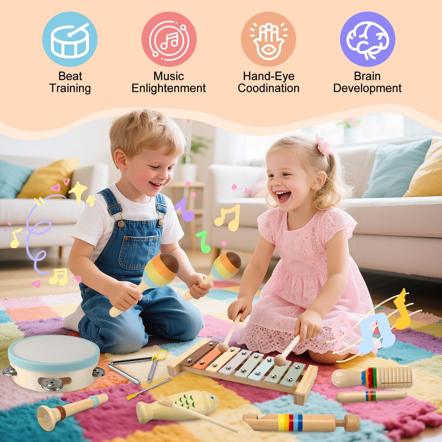 Baby Montessori Musical Toys, Boho Xylophone Percussion for Toddlers 1-3