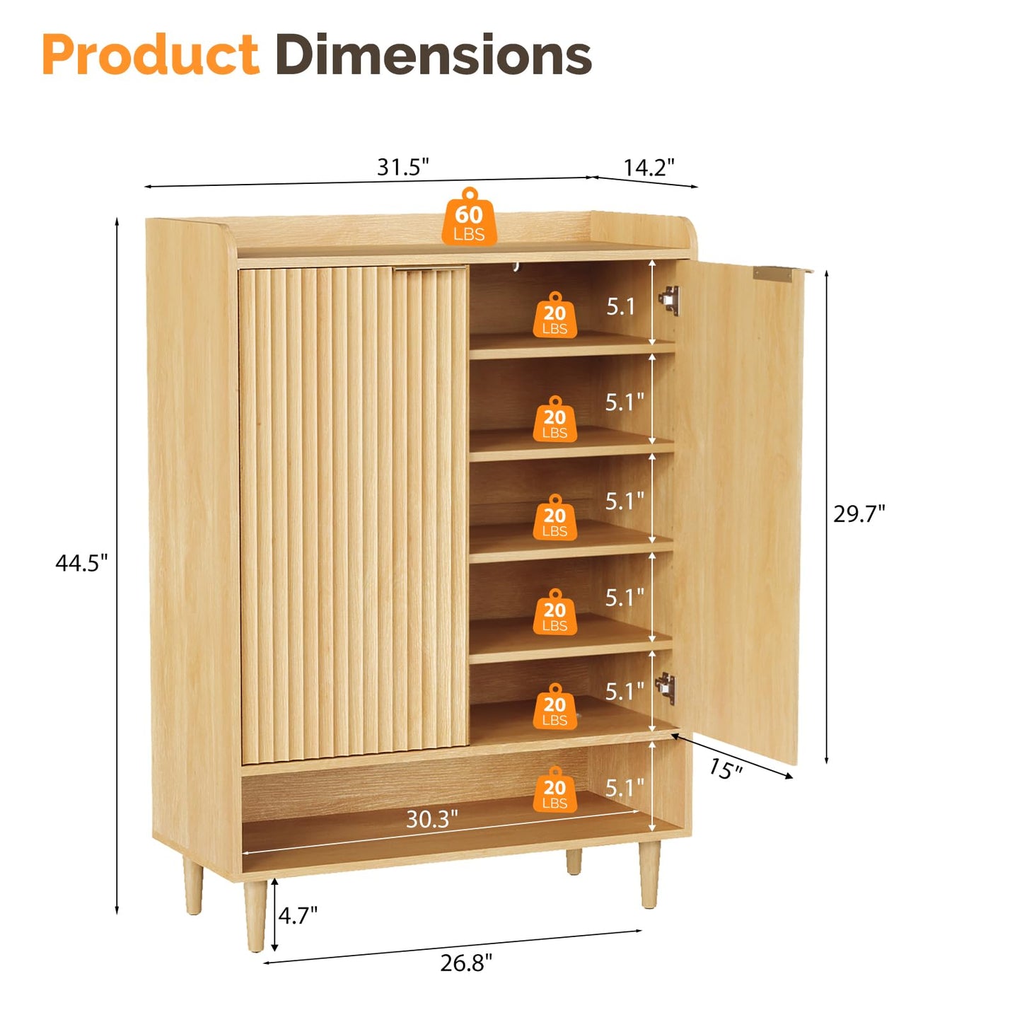 VINGLI Shoe Cabinet with Fluted Doors, 6 Tier Large Wooden Entryway Shoe Storage Cabinet with Adjustable Shelves,44.5" Tall Modern Freestanding Shoe Rack Organizer for Entryway, Hallway, Closet,Oak