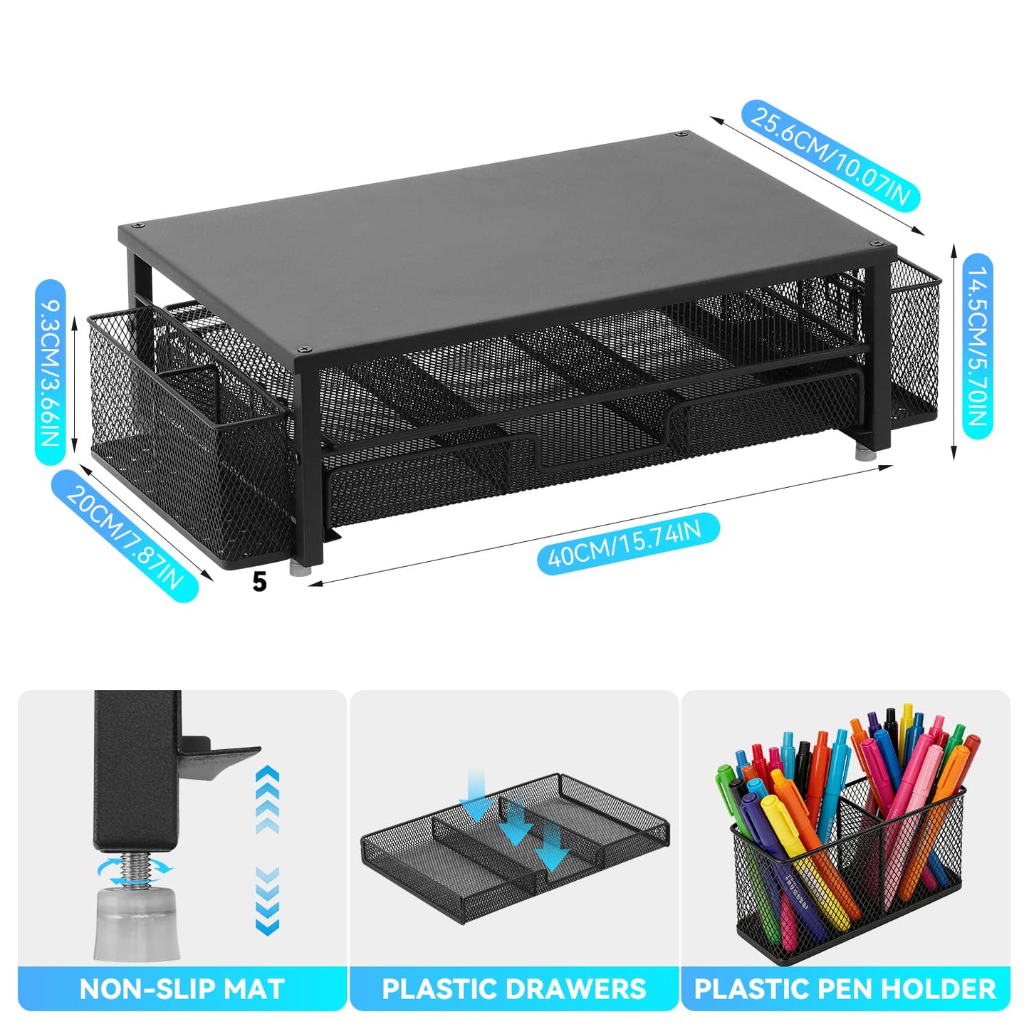 2-Tier Monitor Stand with Drawer, Laptop Stand with Storage for Desk, Heavy Duty Iron Computer Stand Riser & Desk Organizer with Drawers, Home Office Mesh Shelf for Monitor up to 32 Inch (Black)