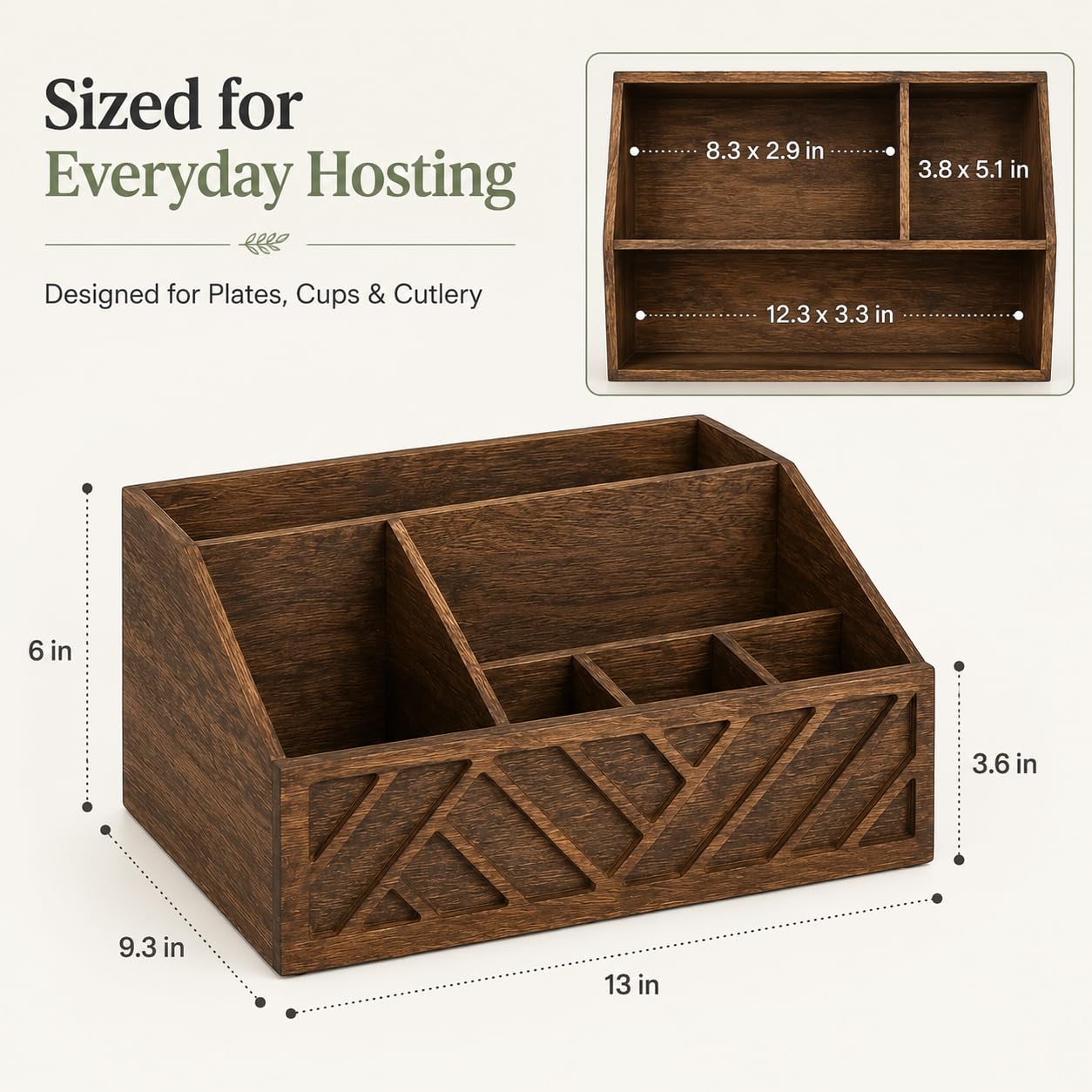 Seerova Living Premium 6 Compartment Wooden Paper Plate and Utensil Organizer – Heavy Duty Silverware & Napkin Caddy for Party, Picnic, BBQ, Kitchen Countertop, Vanity Makeup Storage