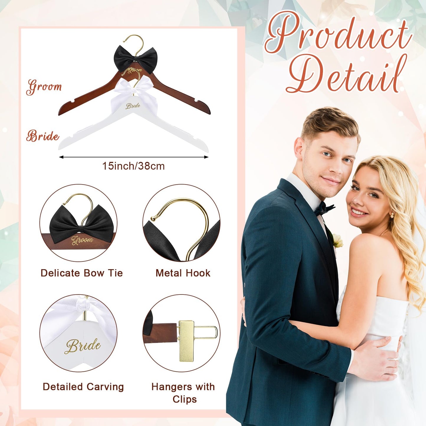 Beeveer 3 Pcs Bride and Groom Hangers for Dress Suit with Clips Wedding Wooden Hanger with Bow Tie for Mr and Mrs Shirt Tuxedo Suit Bridal Wedding Gift Bridesmaid Party Shower