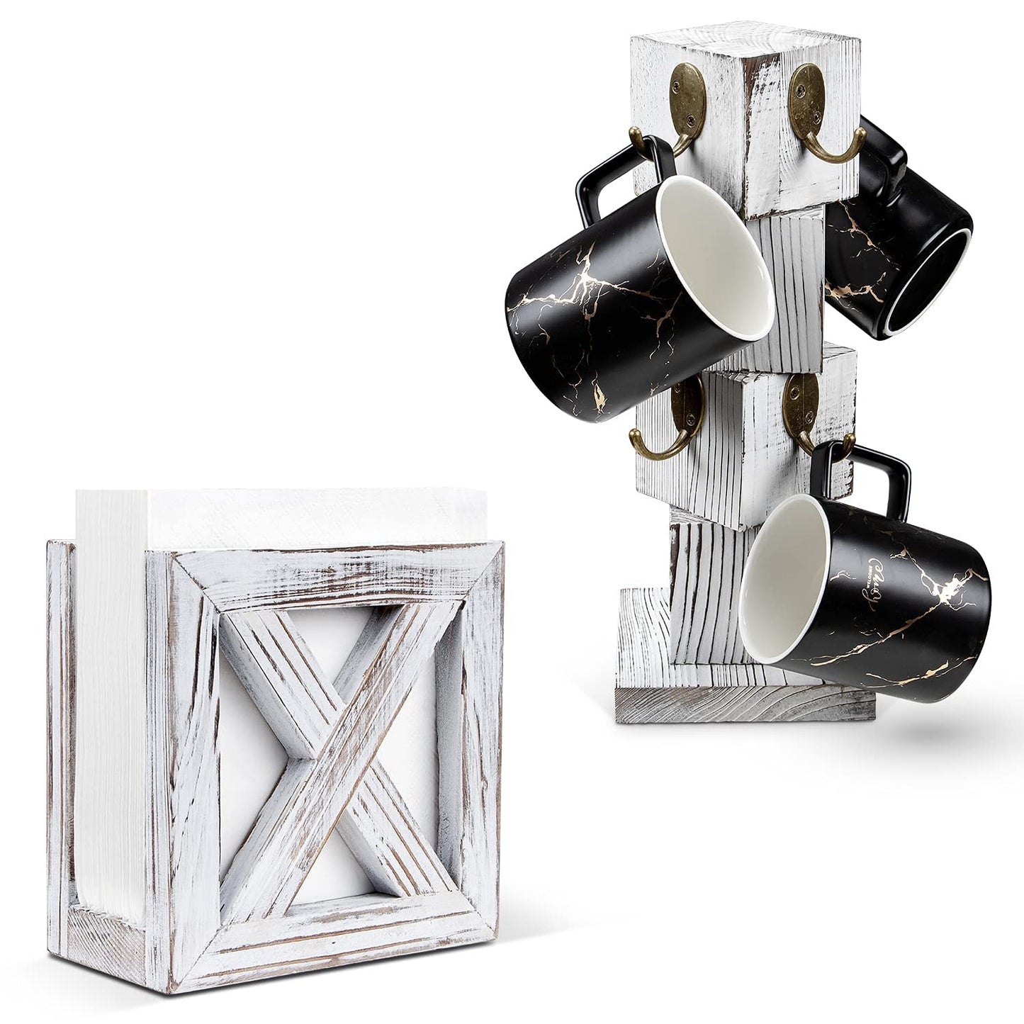 PUERSI Farmhouse Wooden Napkin Holder and Coffee Mug Holder