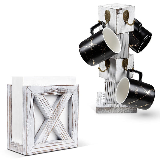 PUERSI Farmhouse Wooden Napkin Holder and Coffee Mug Holder