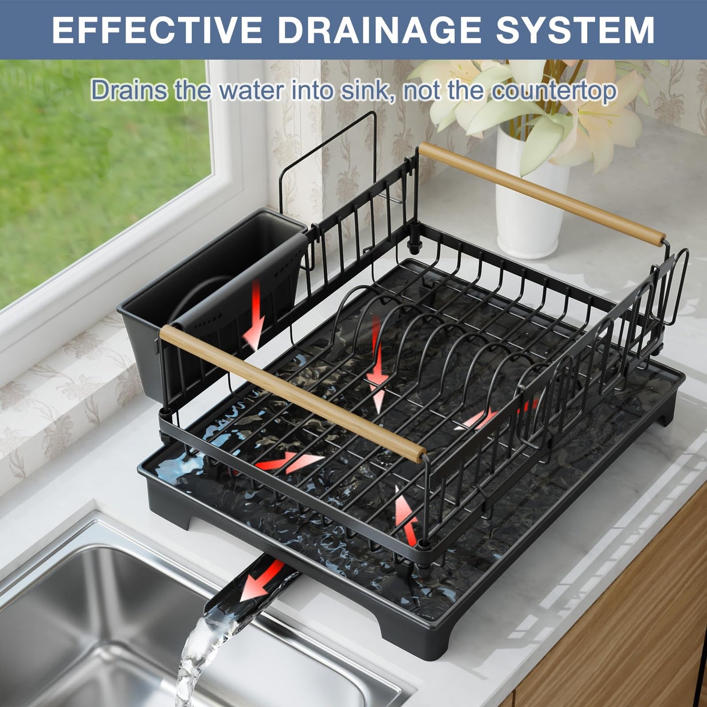 Dish Rack Lightweight & Space-Saving Drying Rack with Drainboard Large Capacity Anti-Rust Kitchen Counter Organizer with Cup, Utensil & Cutting Board Holders for Dishes, Bowels, Spoons and Forks
