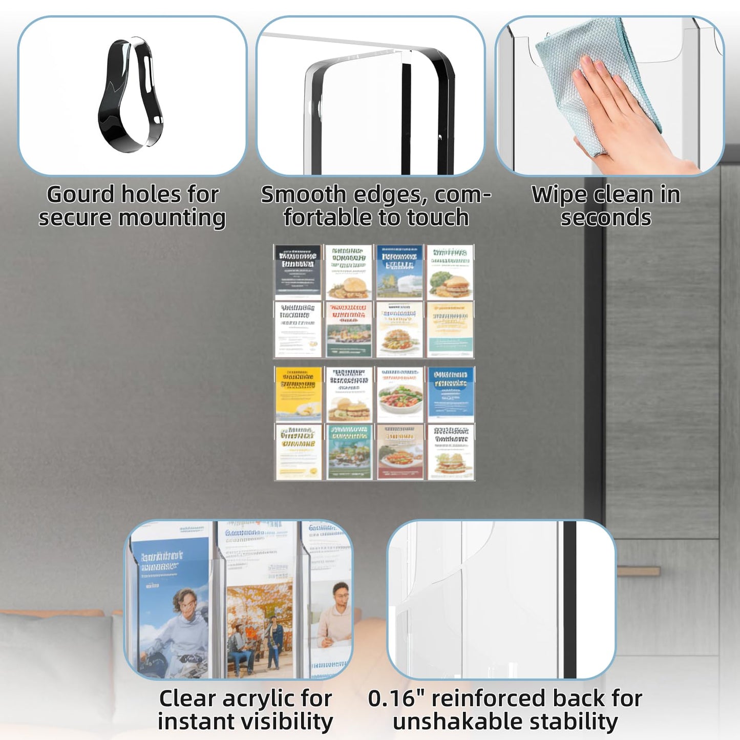 Acrylic Brochure Pamphlet Holder, 16 Magazine Holders, Clear Brochure Display Stand Wall Mount, Trifold Flyer Rack, Literature Storage Rack for Home, Offices, Waiting Room