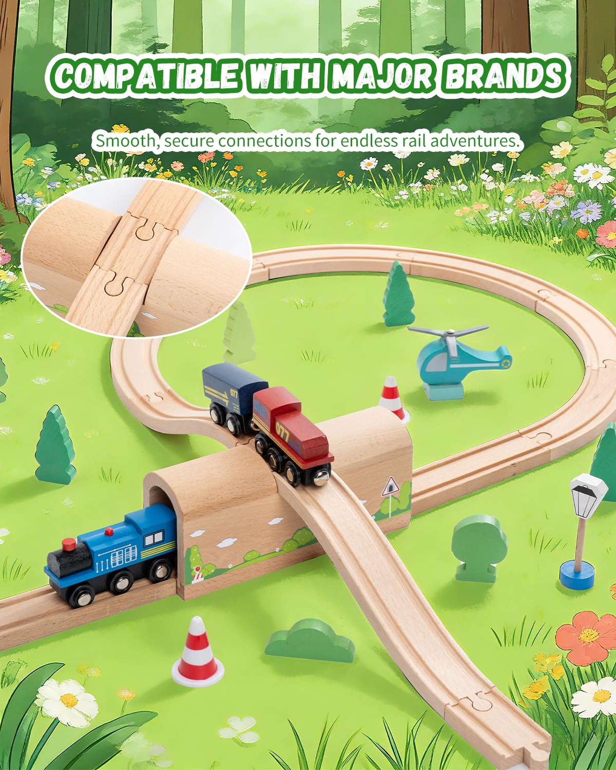Wooden Train Track Bridge & Tunnel Set, Railway Expansion Kit with Ascending & Descending Ramp Tracks, Compatible with Major Wooden Train Systems, for Kids Creative Play and Learning
