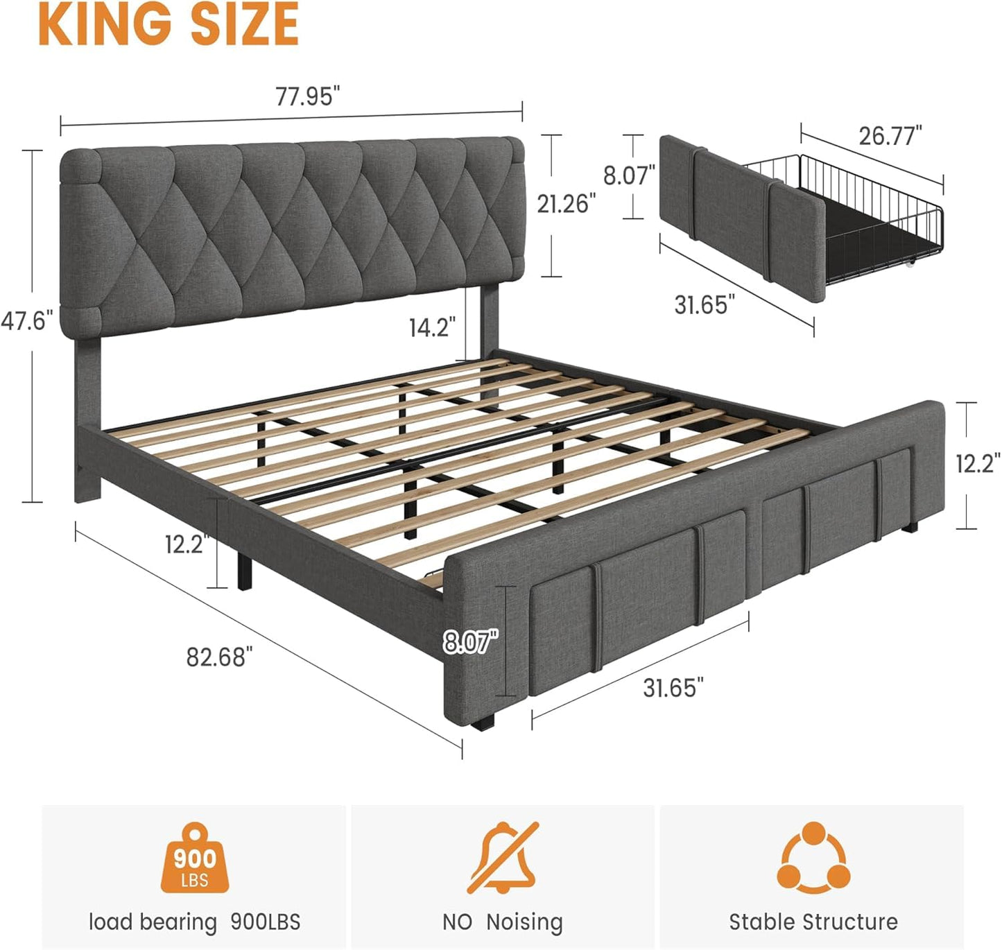 IDEALHOUSE Upholstered King Size Bed Frame, Velvet Platform Bed Frame with Storage Drawers, Mattress Foundation with Solid Wooden Slats Support, No Box Spring Needed, Grey