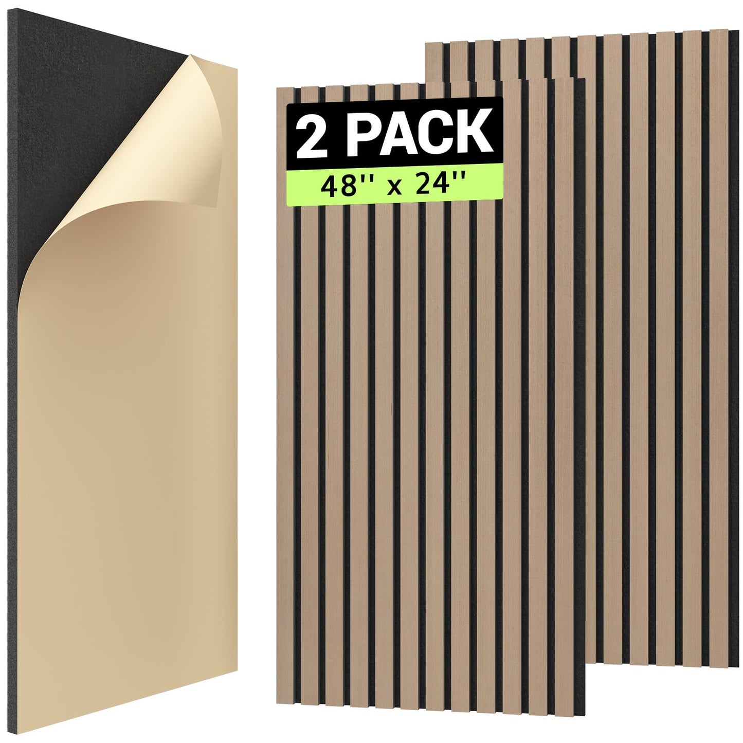 TONOR 2PCS Wood Slat Panels, 48” x 24”Adhesive Acoustic Panels for Wall, Decorative 3D Fluted Panels for Sound Absorbing, Soundproof Panels with Wood Finish for Living Room, Dark Walnut