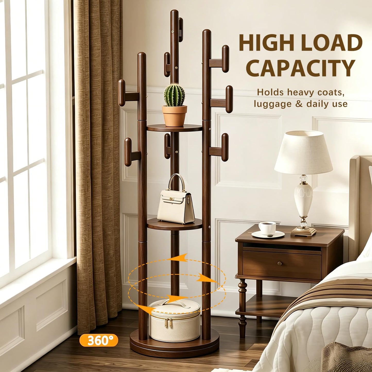 Wamhom Rotary Coat Rack Freestanding - Solid Wood Coat Tree with 9 hooks & 3 Storage Shelves for Purse, Bag, Jacket, Hat, Corner Hanger Stand Racks for Hall, Entryway, Office, Modern Clothes Holder