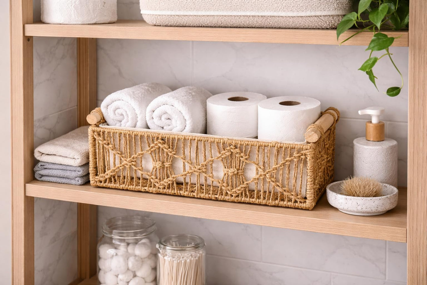 SDFUMAO Handwoven Jute Rope Storage Basket with Paulownia Wood Handles, Rectangular Decorative Organizer Bin with Removable Fabric Liner for Shelves, Countertops & Home Organization
