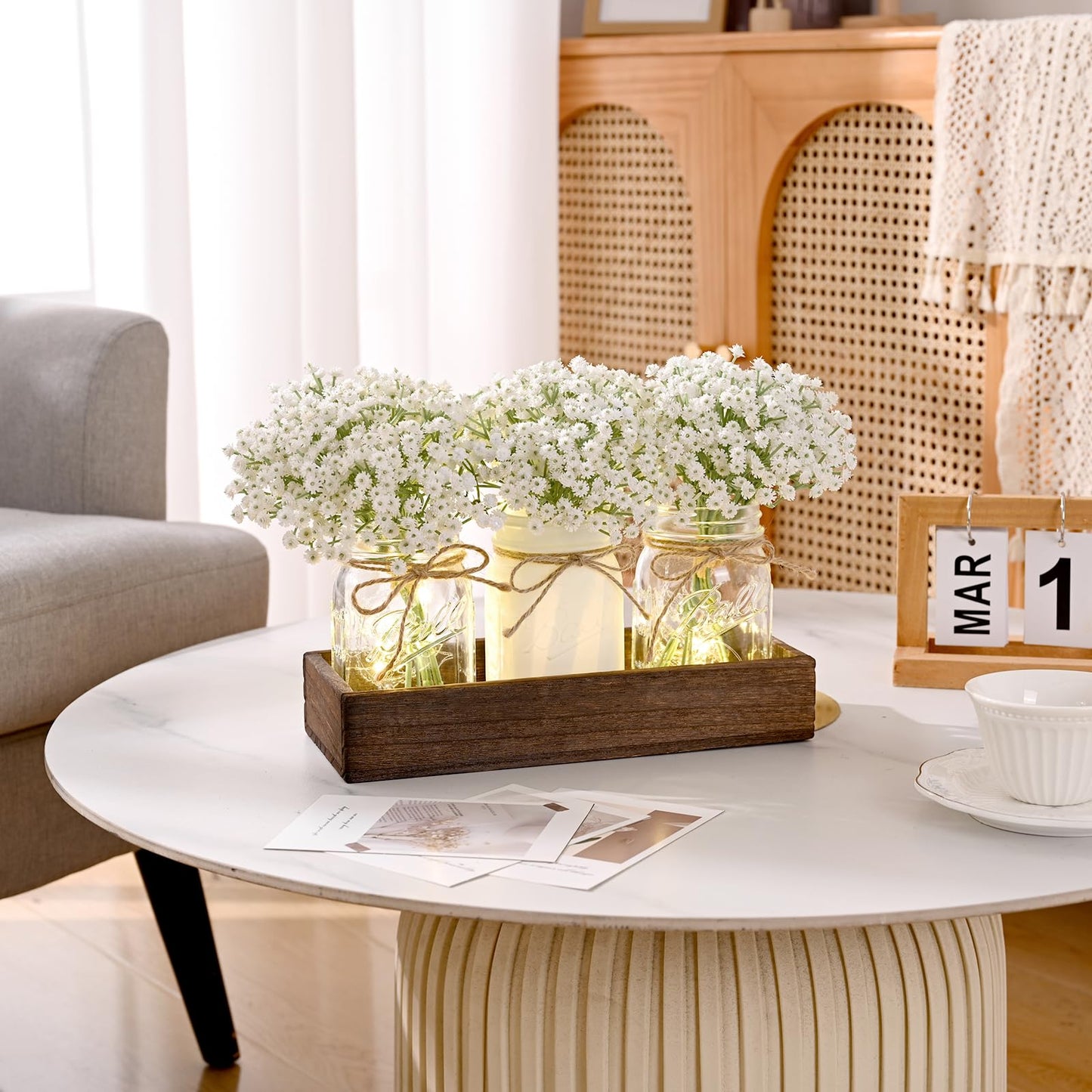 BLEUM CADE Mason Jar Centerpiece Table Decorations, Lights Centerpiece for Kitchen Dining Table Farmhouse Coffee Table Wedding Home Decor with 3 Jars Babys Breath Artificial Flowers & Wood Tray