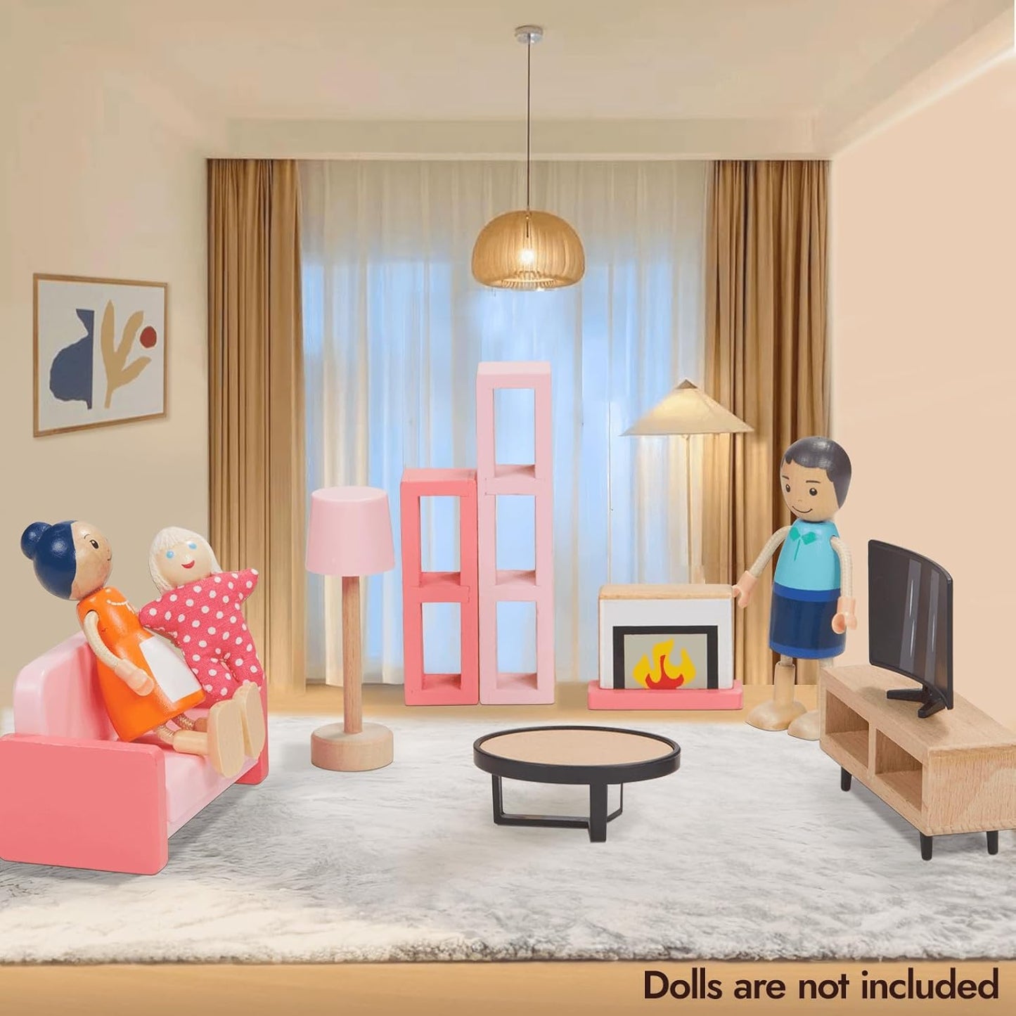 Giant bean 36pcs Wooden Dollhouse Furniture Set with Dolls for 5 Rooms, Wood & Plastic Pink Dollhouse Accessories Pretend Play Furniture Toy Christmas Birthday Gift Toy for Kids Boys Girls Toddler 3+